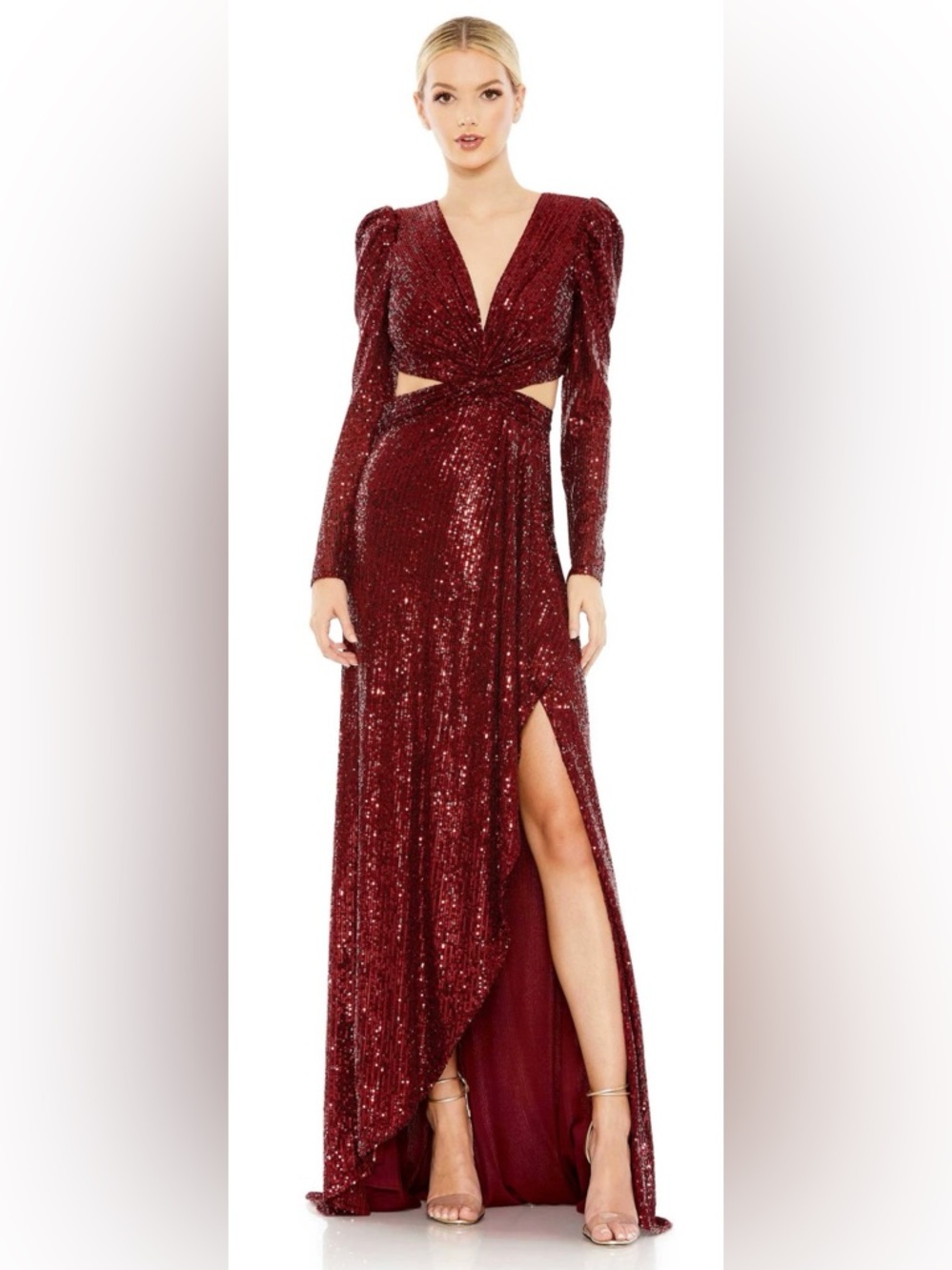 NWT Mac Duggal 26739 Burgundy Sequin Cutout Gown SZ 0 Long Sleeve Slit Dress